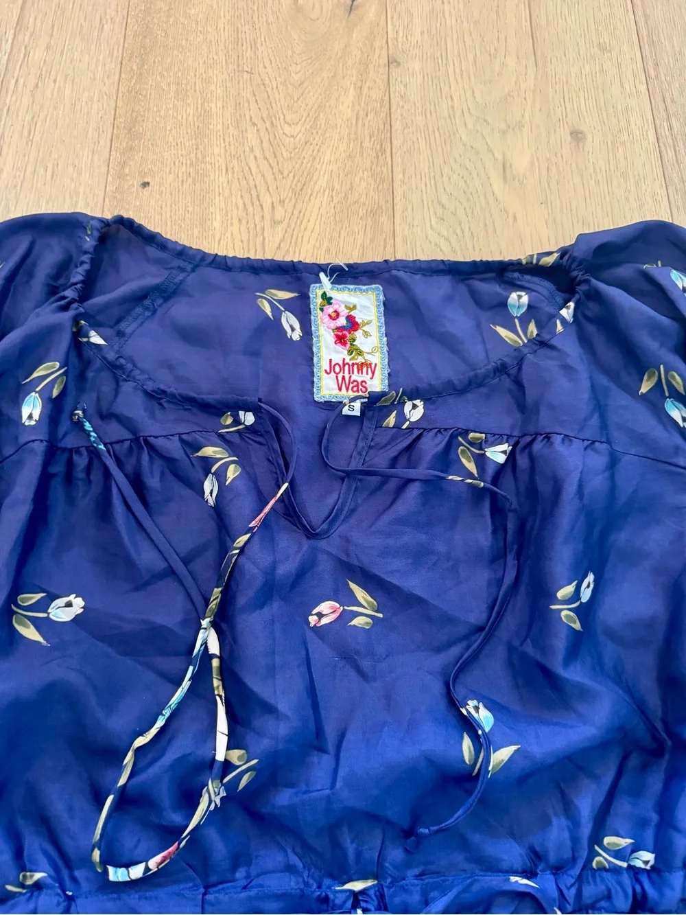 Johnny Was Navy Blue Floral Tiered Mini Dress